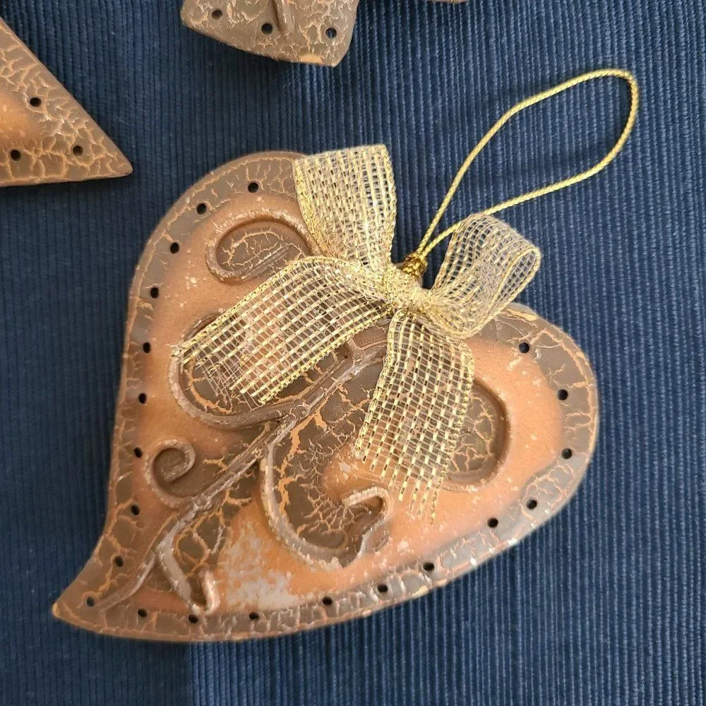 Vintage Textured Metal Holiday Christmas Tree Star Heart Ornaments Set Of Three